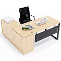 Modern Wooden Office Desk With Black Chair Open Laptop Colorful Magazines And White File Organizer