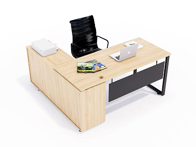 Modern Wooden Office Desk With Black Chair Open Laptop Colorful Magazines And White File Organizer 3d model