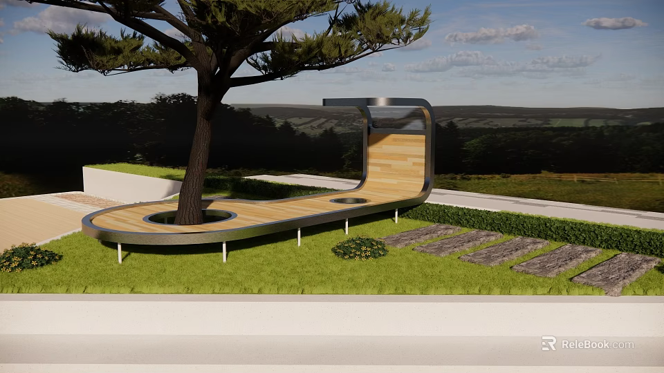 Outdoor Landscape Seat Surrounding Tree With Wooden Metal Design In Grass Path 3d model 