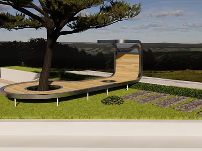 Outdoor Landscape Seat Surrounding Tree With Wooden Metal Design In Grass Path 3d model