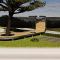 Outdoor Landscape Seat Surrounding Tree With Wooden Metal Design In Grass Path