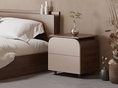Modern Wooden Nightstand With Light Panel Drawer And Decorative Vase Plant 3d model