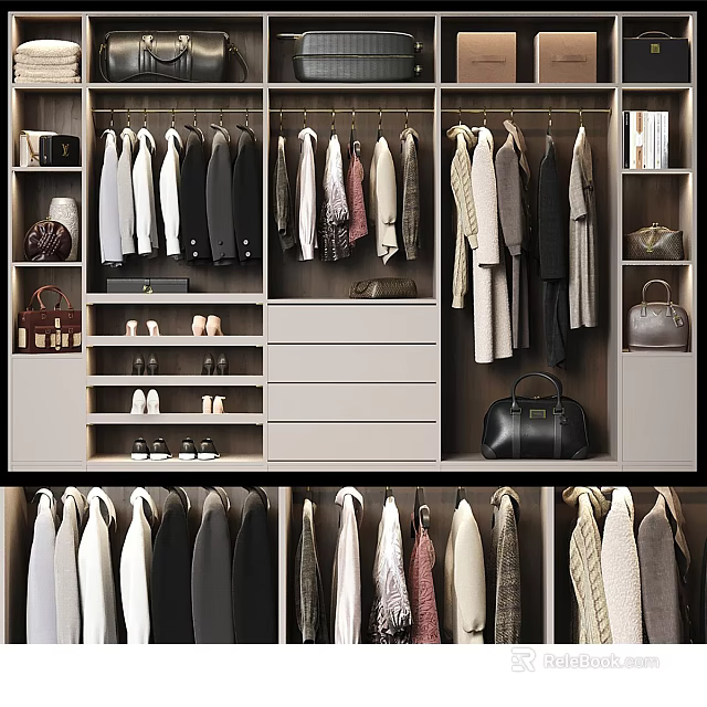 Modern Wardrobe Interior Design With Hanging Clothes Drawers Shelves Shoes And Bags 3d model 