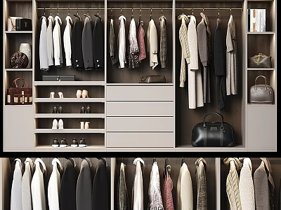 Modern Wardrobe Interior Design With Hanging Clothes Drawers Shelves Shoes And Bags 3d model