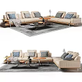 Modern Beige Sofa and Coffee Table Set With Throw Pillows And Area Rug 3d model