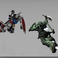 White Red Mecha With Shield Battling Green Robot Warrior With Mechanical Arm And Jet Boosters