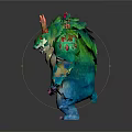 Fantasy Game Movie Monster Character With Green Body Blue Limbs And Red Back Horns