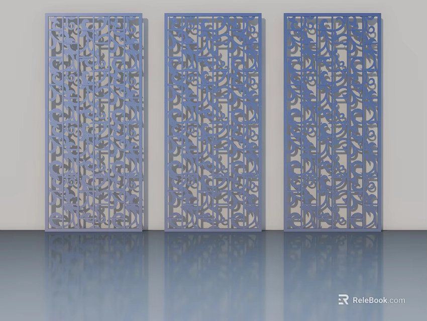 Three Blue Decorative Hinged Doors With Intricate Hollow Patterns Design 3d model