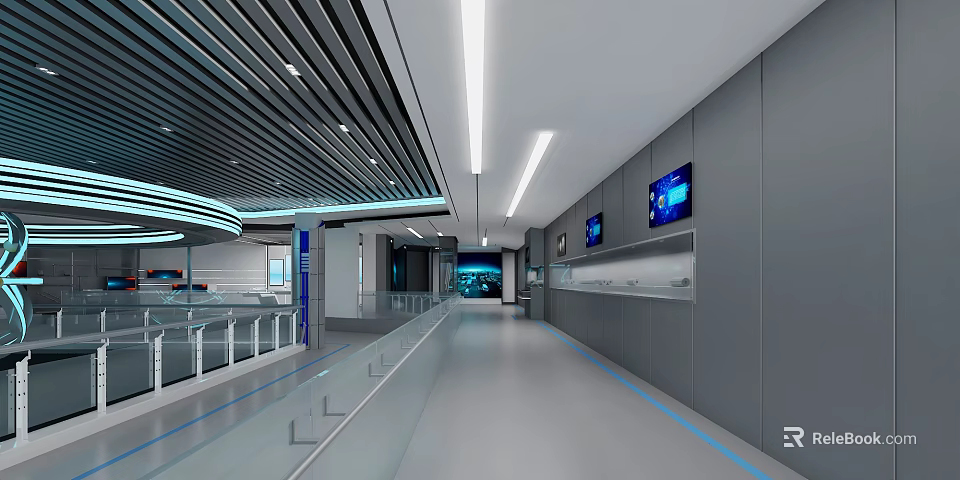 Modern Spacious Corridor With Gray Walls Long Ceiling Lights Blue Screens And Glass Railings 3d model 