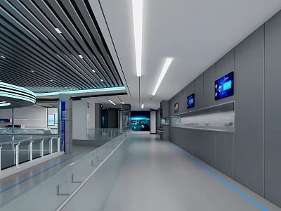 Modern Spacious Corridor With Gray Walls Long Ceiling Lights Blue Screens And Glass Railings 3d model