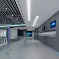 Modern Spacious Corridor With Gray Walls Long Ceiling Lights Blue Screens And Glass Railings