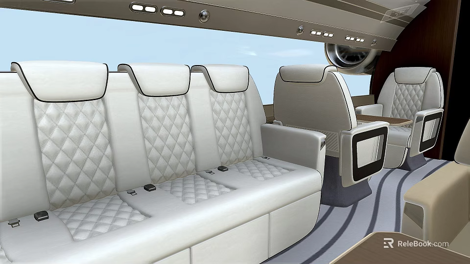 Luxurious Airliner Cabin Interior With White Diamond Stitched Seats And Comfortable Design 3d model 