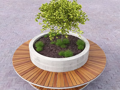 Circular Wooden Outdoor Chair Surrounding Concrete Planter With Green Tree And Grass On Paved Ground 3d model