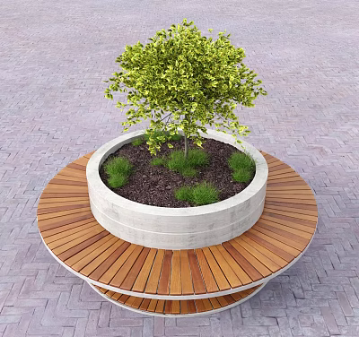 Circular Wooden Outdoor Chair Surrounding Concrete Planter With Green Tree And Grass On Paved Ground 3d model