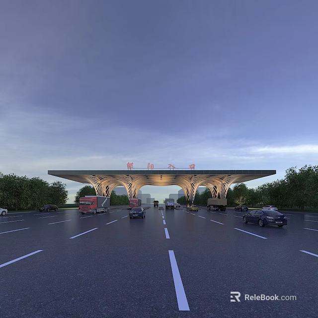 Modern Entrance Gate With Vehicles Passing Through Unique Roof Structure Green Trees And Evening Sky 3d model 