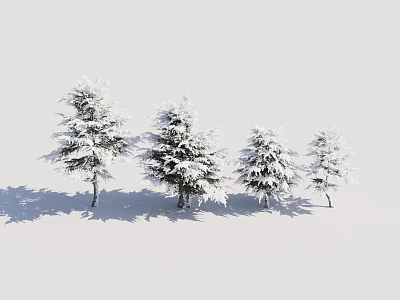 Snow Covered Shrubs Four in Varying Sizes Arranged Against Light Colored Background With Ground Shadows 3d model