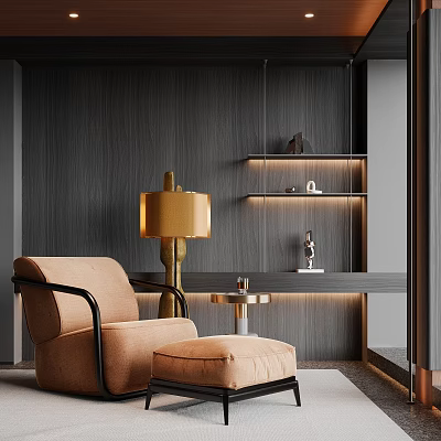 Stylish Single Sofa with Ottoman and Floor Lamp Against Dark Wooden Wall 3d model