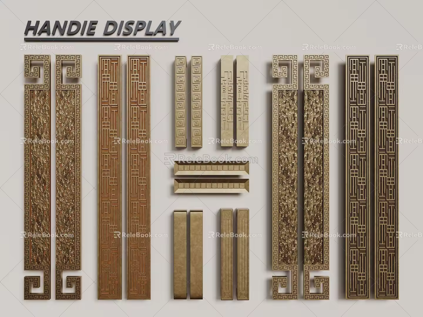 New Chinese Style Door Handle Chinese Style Carved Handle Long Handle 3d model