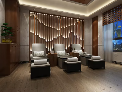 Elegant SPA Sauna Interior Featuring Wooden Wavy Slats Comfortable Massage Chairs and Soft Lighting 3d model