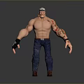 Muscular Shirtless 3D Character With Bald Head Cap Arm Tattoos Blue Jeans And Brown Boots