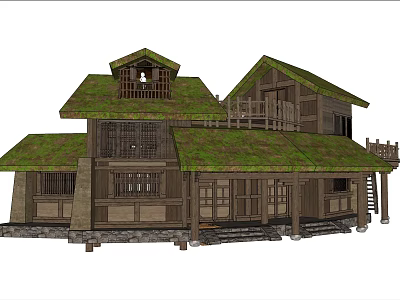 Ancient Architecture Traditional Design With Moss Covered Roof And Wooden Structure 3d model