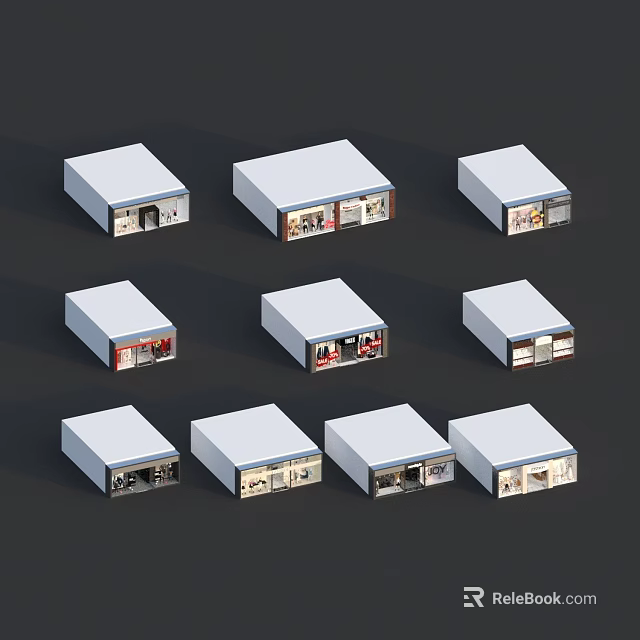 Multiple White Cuboid Showcases With Varied Merchandise Displays On Dark Background 3d model