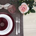 Elegant Dinnerware Set with Pink Flowers Transparent Glassware Peaches Green Vases Red Glass Cups