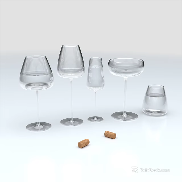 Set of Transparent Glass Wine Glasses With Different Shapes And Cork Stoppers 3d model 