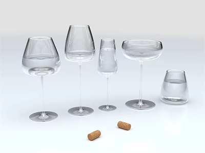 Set of Transparent Glass Wine Glasses With Different Shapes And Cork Stoppers 3d model