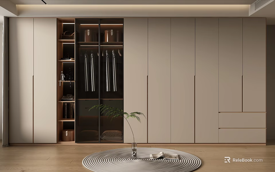 Modern Open Walk in Closet With Glass Door Hanging Area Drawers Plant And Round Rug 3d model 