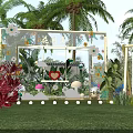 Fresh Outdoor Floral Display With Decorative Frame Green Plants Cloud Decorations And Palm Trees
