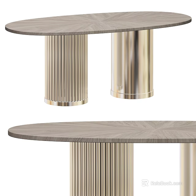 Modern Oval Dining Table With Wooden Top And Fluted Gold Metal Legs Design 3d model 