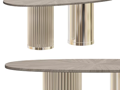 Modern Oval Dining Table With Wooden Top And Fluted Gold Metal Legs Design 3d model