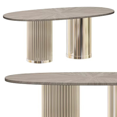 Modern Oval Dining Table With Wooden Top And Fluted Gold Metal Legs Design 3d model
