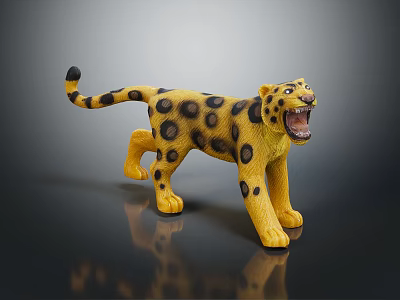 Yellow Spotted Leopard Toy Figure Standing With Open Mouth On Black Surface 3d model