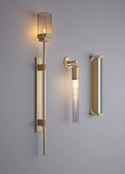 Modern Gold Wall Lamps Featuring Sleek Design And Glass Shades On Gray Wall 3d model