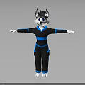 Anthropomorphic Husky Dog 3D Model With Black Blue Outfit And Arms Outstretched Pose