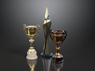 Gold And Bronze Ornate Trophies With Geometric Metal Award On 3d model