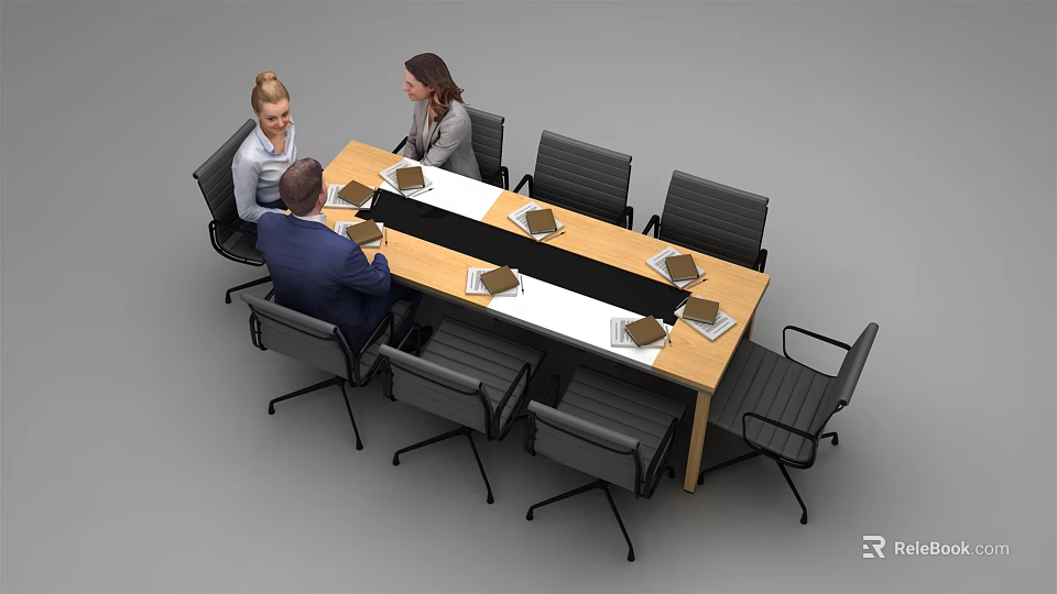 Wooden Conference Table With White Middle Section And Black Chairs For Business Meeting 3d model 