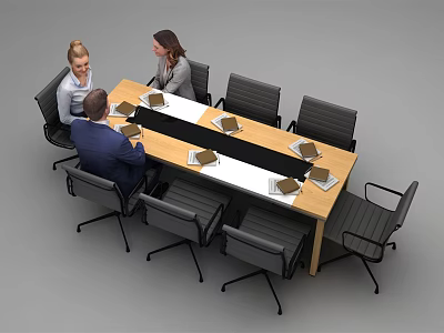 Wooden Conference Table With White Middle Section And Black Chairs For Business Meeting 3d model