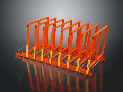 Orange Industrial Storage Rack Structure With Multiple Vertical Frames And Yellow Base Components 3d model