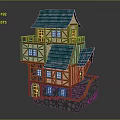 Wooden House Model With Blue Roof Multi Level Structure Stone Base And Staircase Design