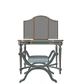 Elegant Dressing Table with Tri Fold Mirror Gold Carved Details and Light Blue Upholstered Stool