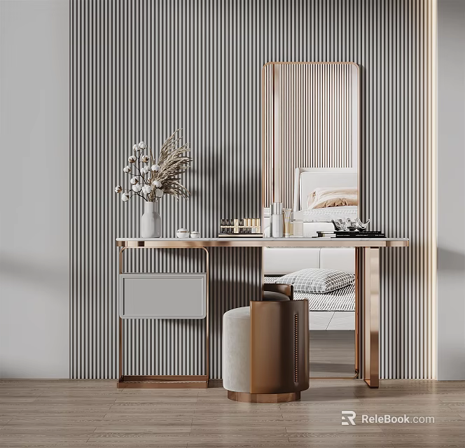 Modern Dressing Table With Large Mirror And Decorative Accessories On Striped Wall Background 3d model