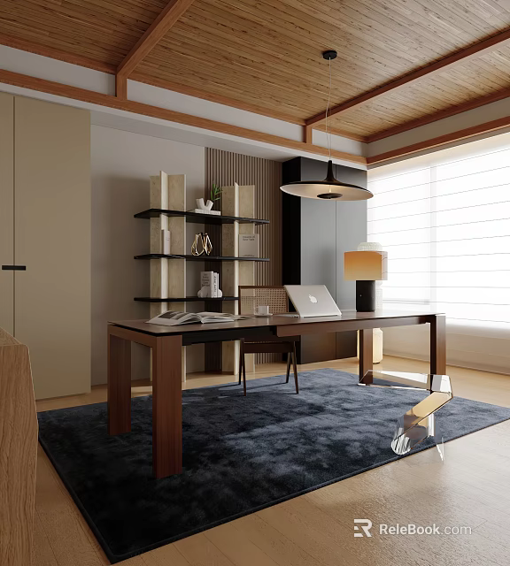 Modern Study Room Interior With Wooden Ceiling Shelves Desk Laptop Table Lamp And Rug 3d model 