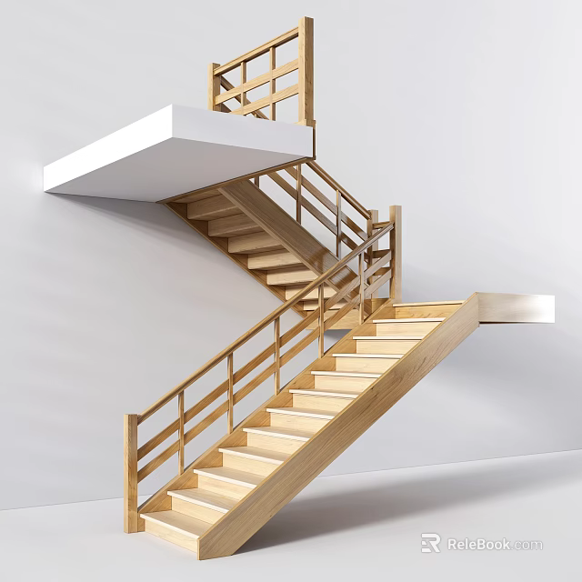 Modern Wooden Staircase With Handrail And Steps In Interior White Walls Design 3d model 
