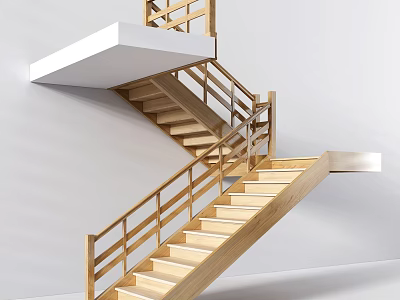 Modern Wooden Staircase With Handrail And Steps In Interior White Walls Design 3d model