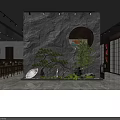 Japanese Style Restaurant Interior With Stone Wall Circular Window Green Plants And Wooden Furniture