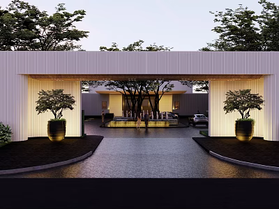 Residential Landscape With Tree Lined Driveway And Illuminated Entrance Gate Design 3d model