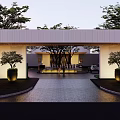 Residential Landscape With Tree Lined Driveway And Illuminated Entrance Gate Design